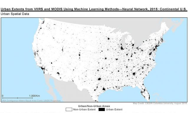 Map showing Urban Extents from VIIRS and MODIS Using Machine learning Methods--Neural Network, 2015: Continental U.S.. Based on nighttime lights data